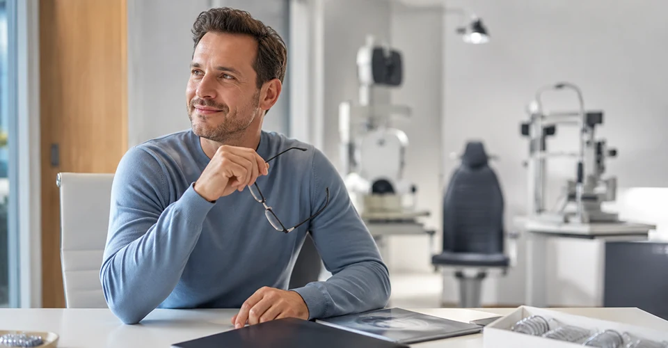 Mann hält seine Brille in einer modernen Augenarztpraxis vor einer möglichen ReLEx-SMILE-Behandlung