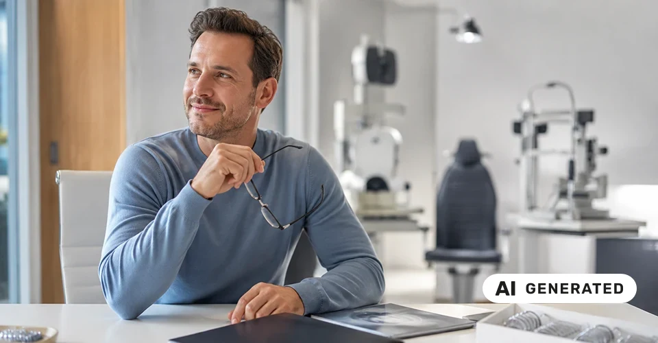 Mann hält seine Brille in einer modernen Augenarztpraxis vor einer möglichen ReLEx-SMILE-Behandlung