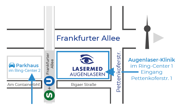 Wegbeschreibung zur Augenlaser-Klinik im Ring-Center in der Pettenkoferstr.