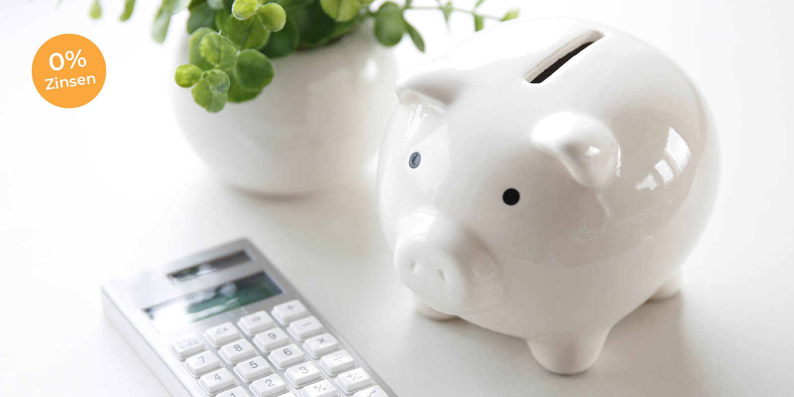 Lasermed Finanzierung: Weiße Porzellan-Schwein steht neben einer Pflanze in einem weißem Topf und einem Taschenrechner auf einem weißen Tisch