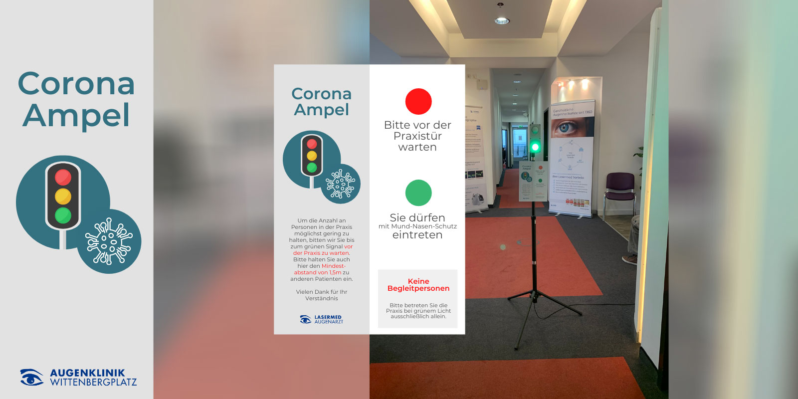 Corona-Ampel für Ihre Sicherheit: Wartebereich des Augenlaser-Zentrums im Eastgate mit Corona Ampel als Schutzmaßnahme während der Corona Pandemie